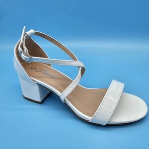 Forever Link Low White Patent Strappy Heels